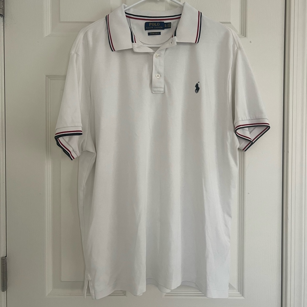 Polo by Ralph Lauren Custom Slim Fit White Polo with Navy Logo XL